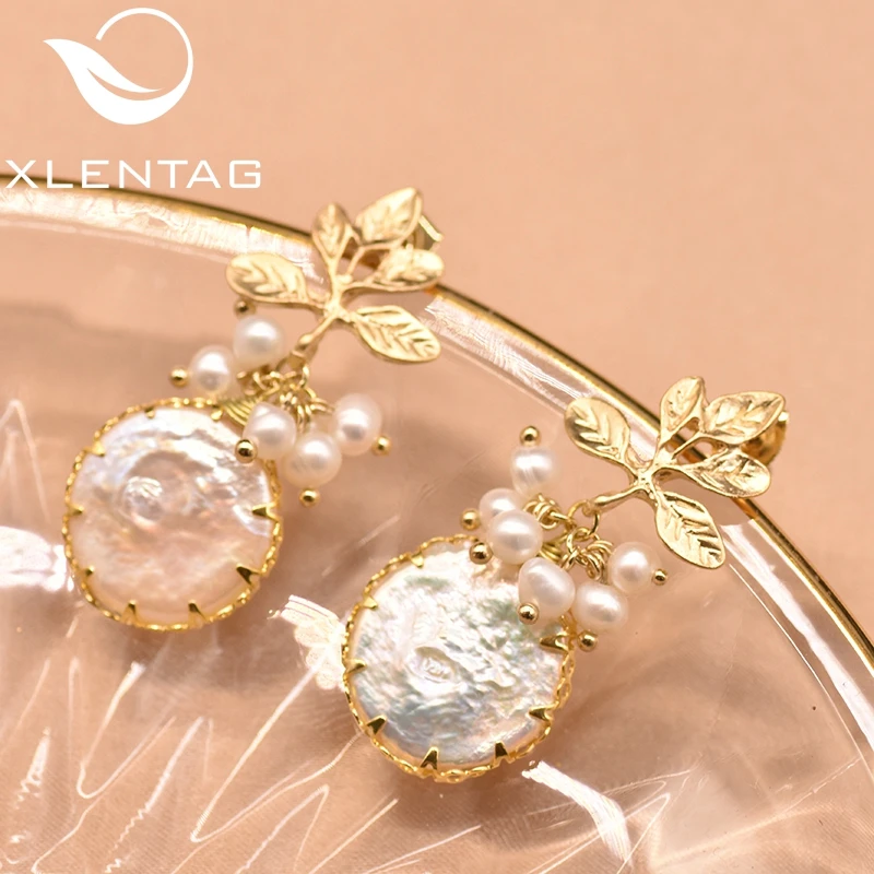 XlentAg Natural Fresh Water Baroque Pearl Drop Earrings Women Plant Leaves Dangle Earrings Luxury Handmade Fine Jewelry GE0308