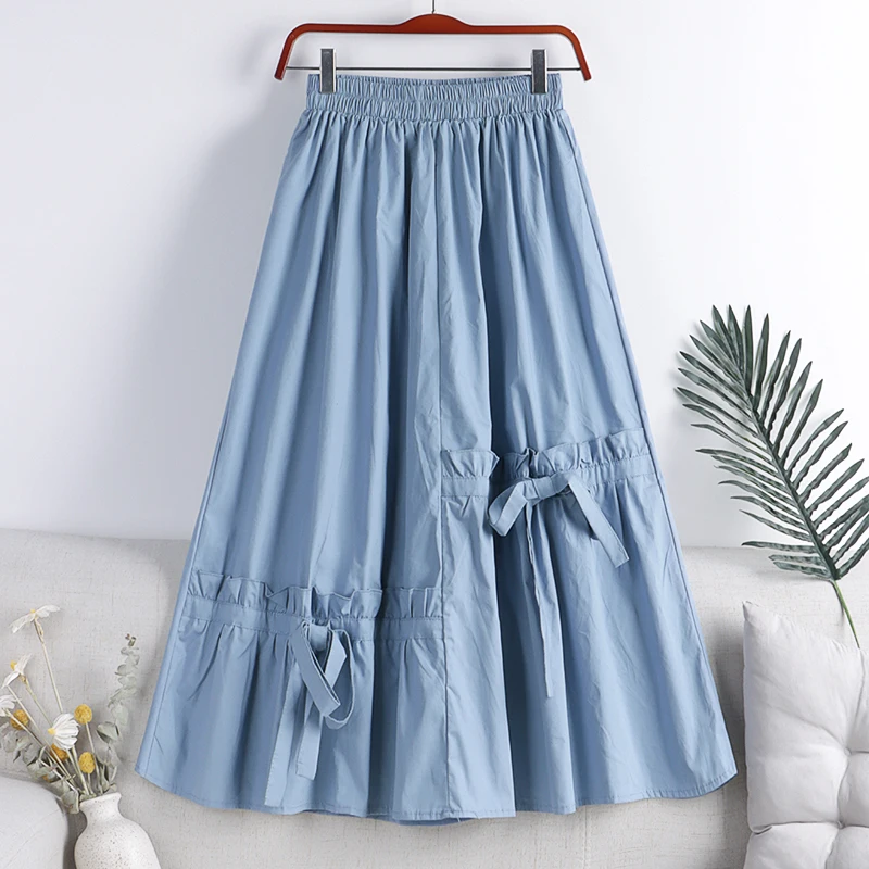 

Summer Ruffles Bowtie Skirt Mid-Calf Pleated Skirt for Women Fashion Elegant All Match Slim Office Lady Long Skirt Femme Jupes