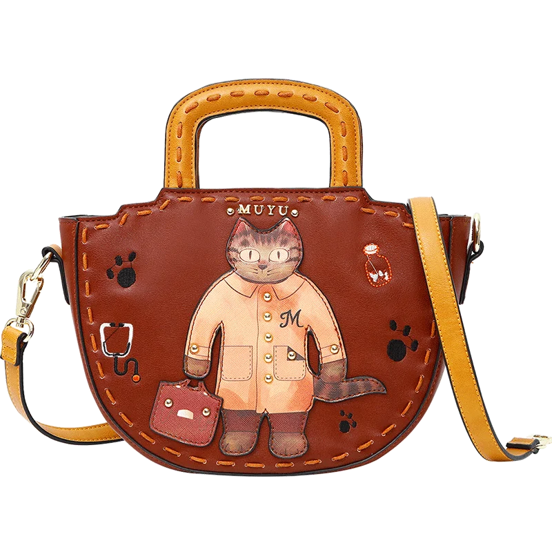 

Women Leather Embroidery Handbags Girl Shoulder Bags Messenger Bag Female Totes Braccialini Style Handicraft Art Cartoon Mr Cat