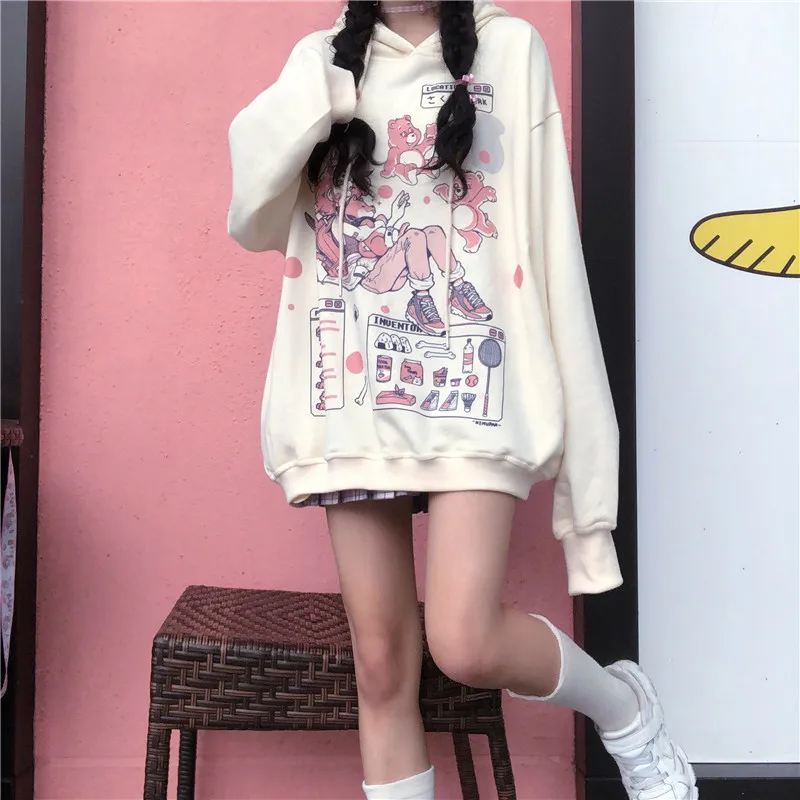 

Korean Women's Hoodie Autumn Long Sleeve Cute Cartoon Print Harajuku kpop Hooded Sweatshirt Streetwear Top Girl Oversize Hoodie