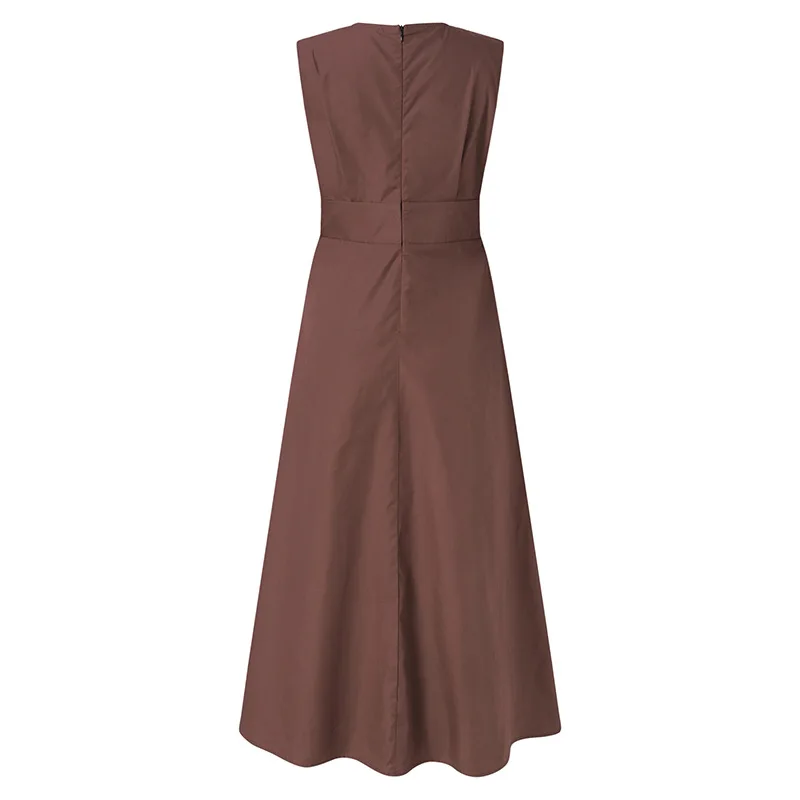 

New Fashion Women Solid Color Sleeveless V Neck A line Shape Casual Midi Dress