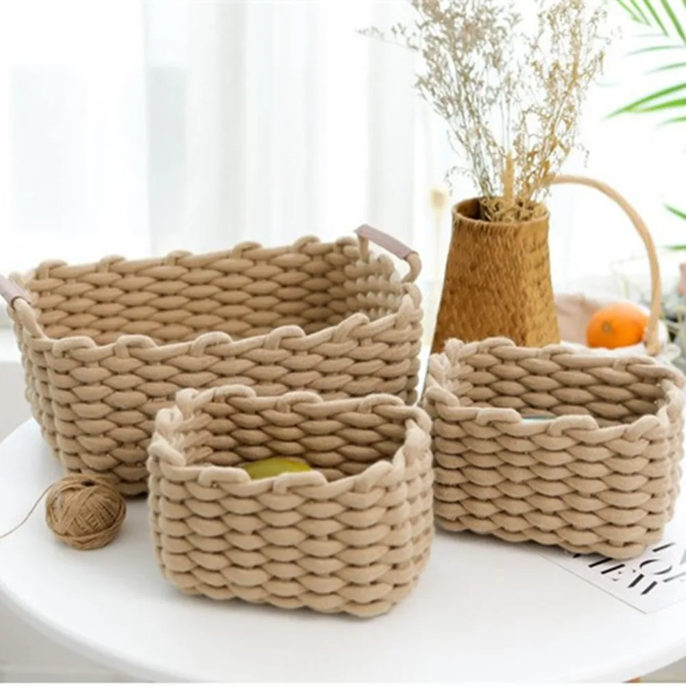 

1 Pcs Baskets Woven Cotton Rope Woven Storage Basket Storage Box Desktop Storage Box Hand Weaving Home Decoration Storage Basket