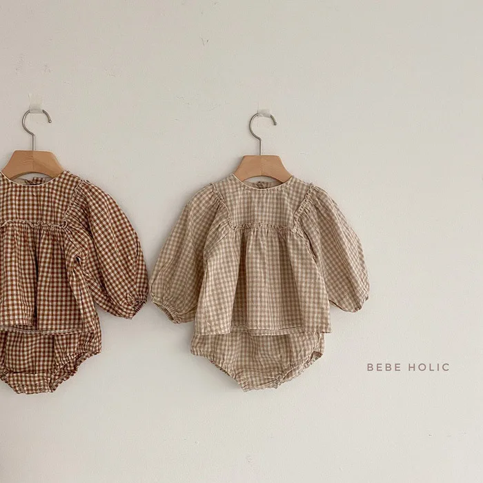 

2021 baby girls clothes little plaid infant girls clothes set puff sleeve blouse and bloomer 2 pcs toddler girls suit