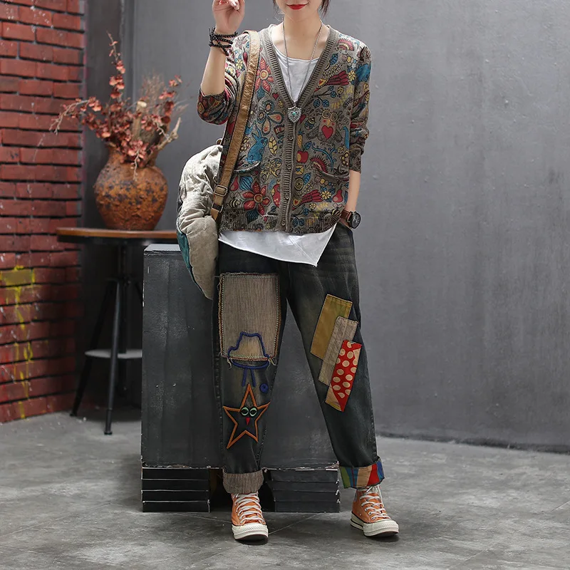 Весенне осенние женские свитера с принтом в стиле ретро свободный v образный