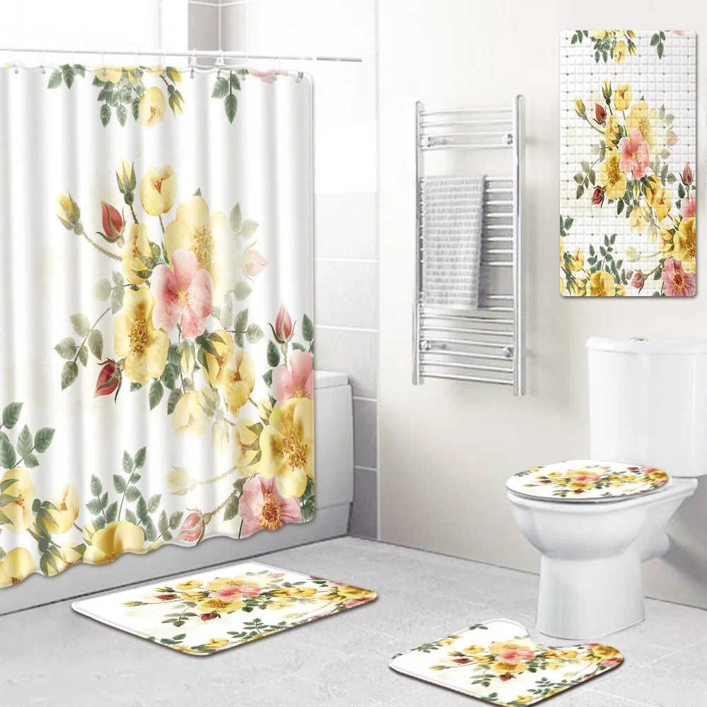 

Flower Pattern Bathroom Shower Curtain Mat Toilet Cover Mat Waterproof Bath Mat Five-Piece Carpet shower mat suction