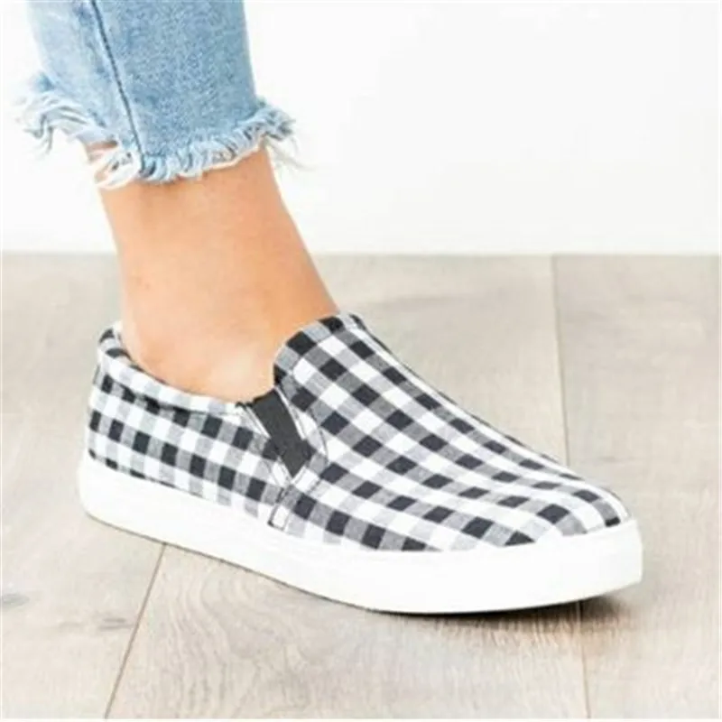 35-43 New Women's shoes black white plaid loafers lazy casual flat bottom foot canvas platform sneakers Vulcanized Shoes | Обувь