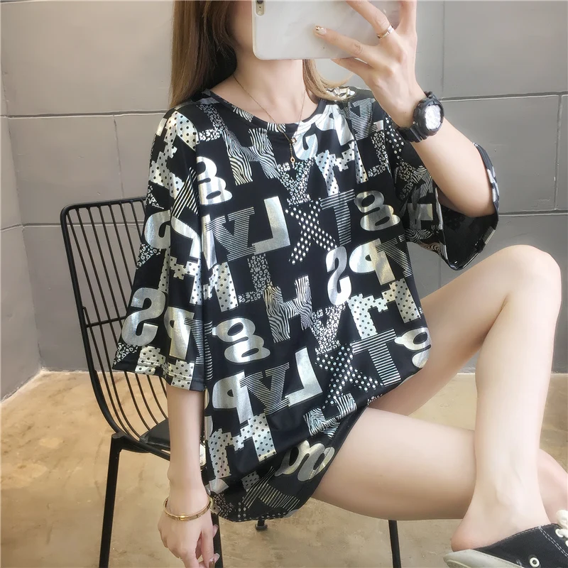 

Футболка женская свободного покроя #0652, длинная хлопковая Футболка со сверкающими буквами в Корейском стиле, Повседневная Уличная одежда в ...