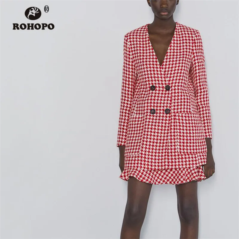 ROHOPO v-образный вырез двойная грудь пуговицы тонкий розовый блейзер с гусиными