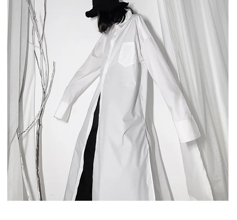 

[EAM] Women White Vent Split Big Size Long Blouse New Lapel Long Sleeve Loose Fit Shirt Fashion Tide Spring Autumn 2021 19A-a606