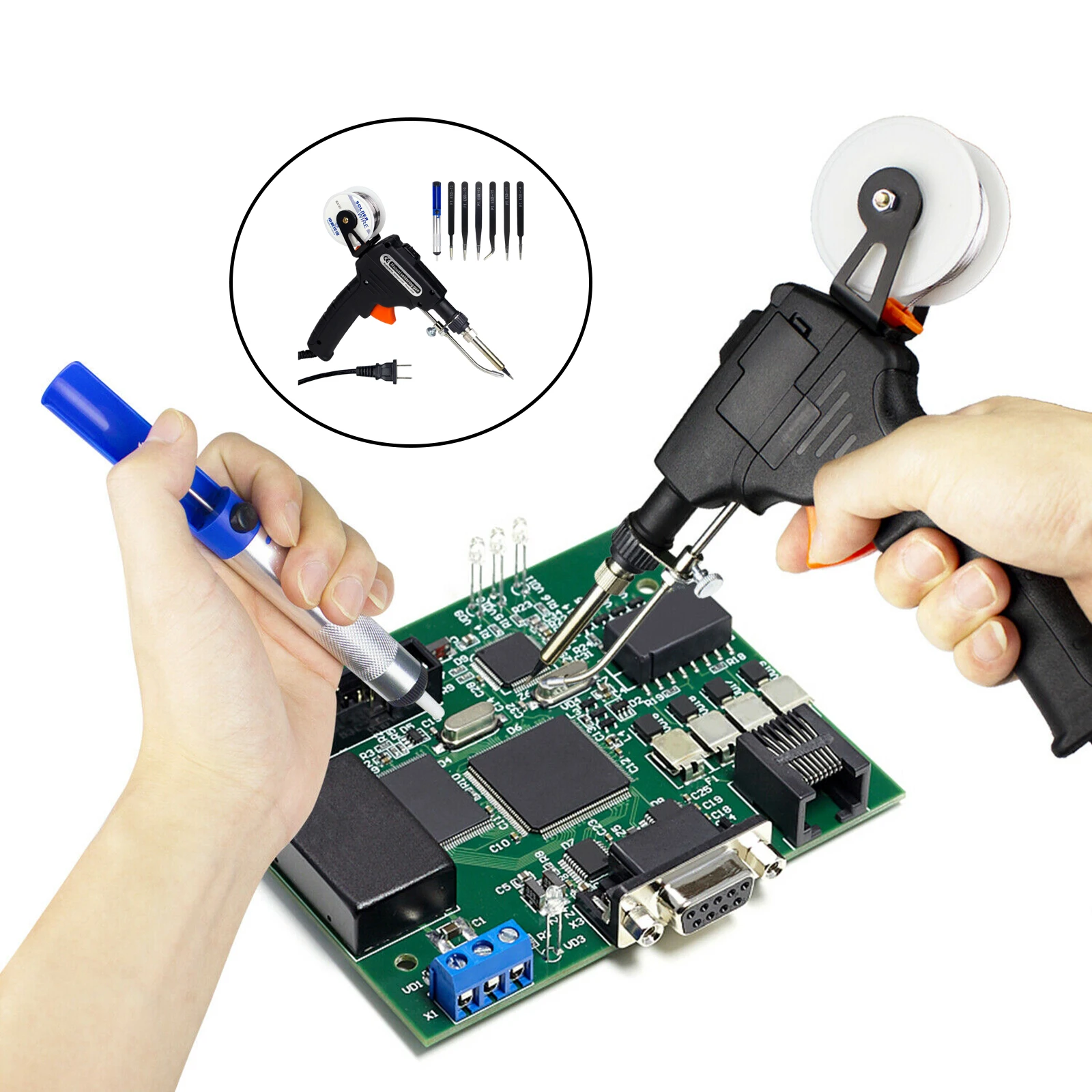 

110V 60W Professional Automatic Soldering Gun Kit & Tin Wire 6 Tweezers for Electrical Digital Repair Rework Home