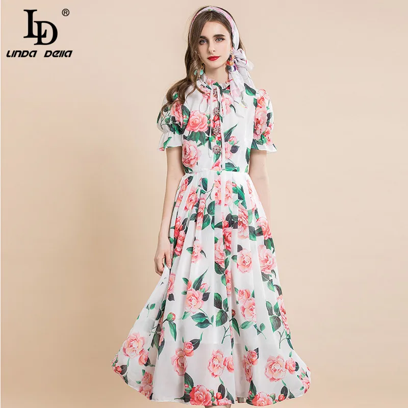 

LD LINDA DELLA 2021 Fashion Runway Summer Vacation Dress Women Puff sleeve Elegant Rose Flower Print Chiffon Vintage Midi Dress