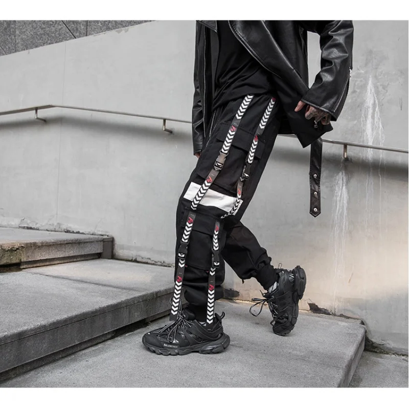 

NEW Street Casual Darkly Style Pockets Ribbons Hip Hop Men's Cargo Sweatpants Joggers Trousers Fashion Full Length Pencil Pants