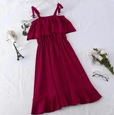 red wine Wohreb элегантное шифоновое платье корейское Повседневное платье с вырезом лодочкой и открытыми плечами на тонких бретелях шикарное свободное женское платье 21586 - Цвет: red wine