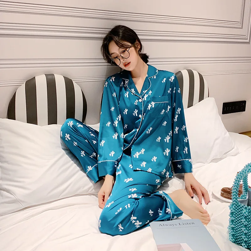 Женская синяя атласная пижама Повседневная рубашка с отложным воротником и
