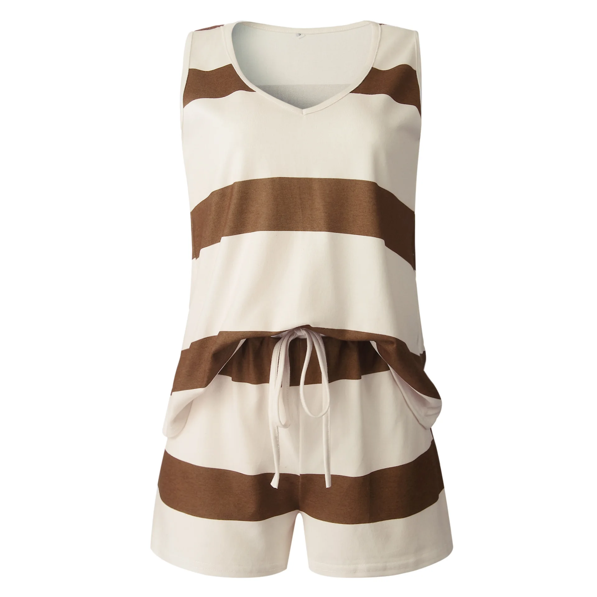 

2020 Summer Casual Sleeveless Knitted 2 Piece Sets for Women Striped Tank Top and Drawstrings Short Pant Plus Size