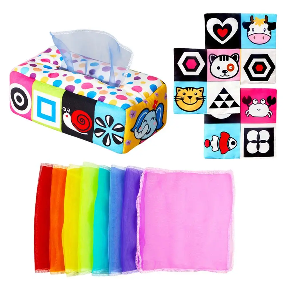 

Reusable Sensory Wonder Tissue Box Sensory Tissue Box Baby Toy High Contrast Soft Stuffed Square Sensory Toys Preschool Learn