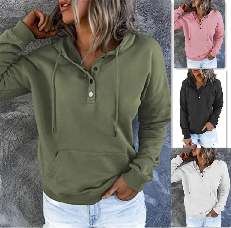 

2021 autumn and winter new women's long-sleeved hooded hooded front eyelet sweater women