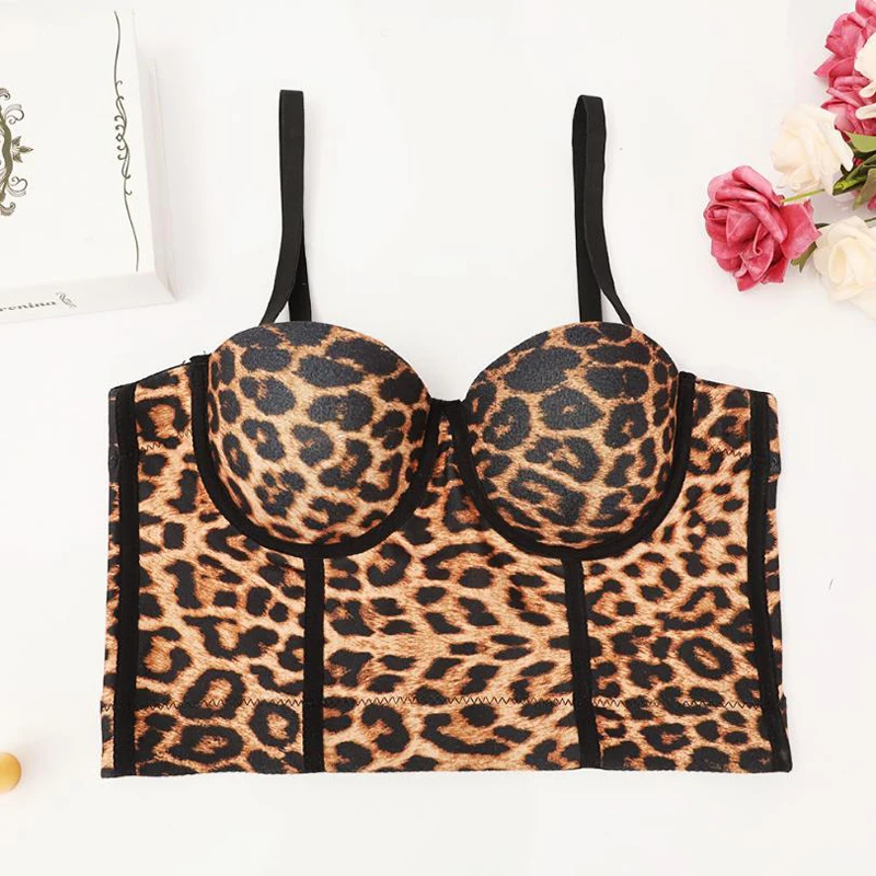 

Sexy Leopard Crop Tops Women Crochet Beach Camisoles Hot Clubwear Backless Bralette Halter Cami Push Up Bustier Basic Underwear