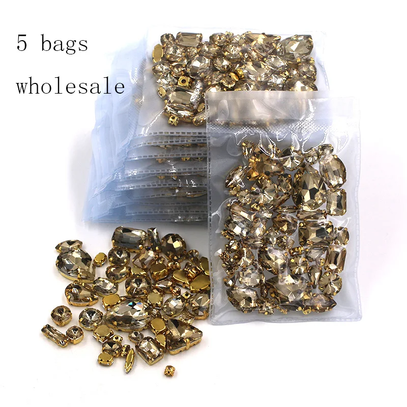 

Free shipping Wholesale 5 bags mixed shape sew on glass Light coffee gold base rhinestones diy dress/Clothing accessories
