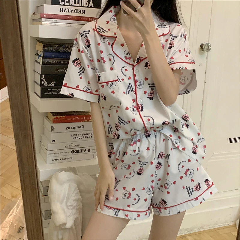 

Letter Print Cartoon Single Breasted Shirts + Shorts Set Two Piece Home Suit Kawaii Loose Sleepwear Pocket Cotton Bear Homewear