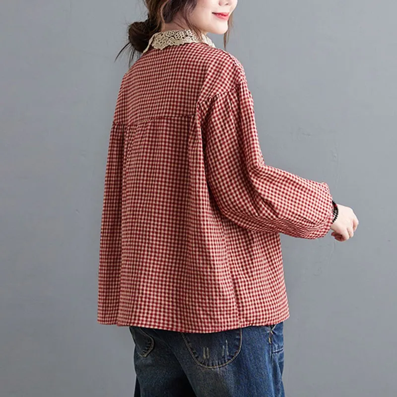 

Oversized Women Cotton Linen Casual Shirts New 2021 Spring Simple Style Vintage Plaid Loose Female Long Sleeve Tops S3492