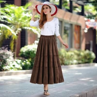 solid color female vintage long velvet pleated skirt women autumn winter elegant fashion ladies high waist a line skirt