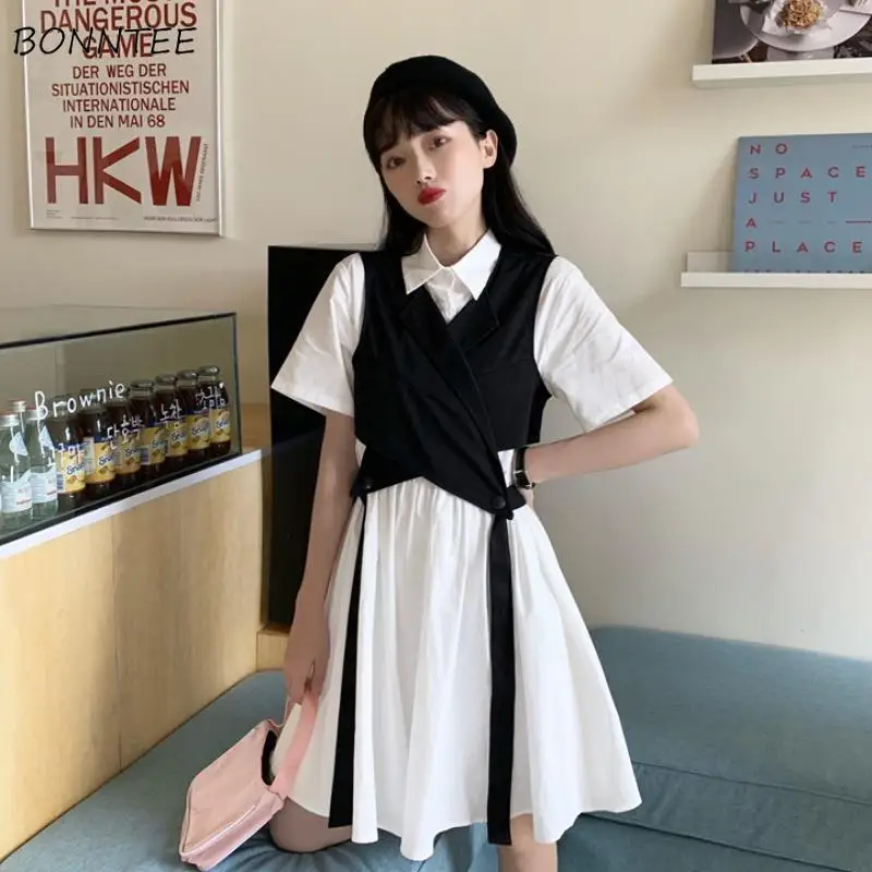 

Dress Sets Women 2 Pieces Retro Solid Elastic Waist Mujer Button Vest Female Korean Style Fashionable Loose-fitting Simple Newly