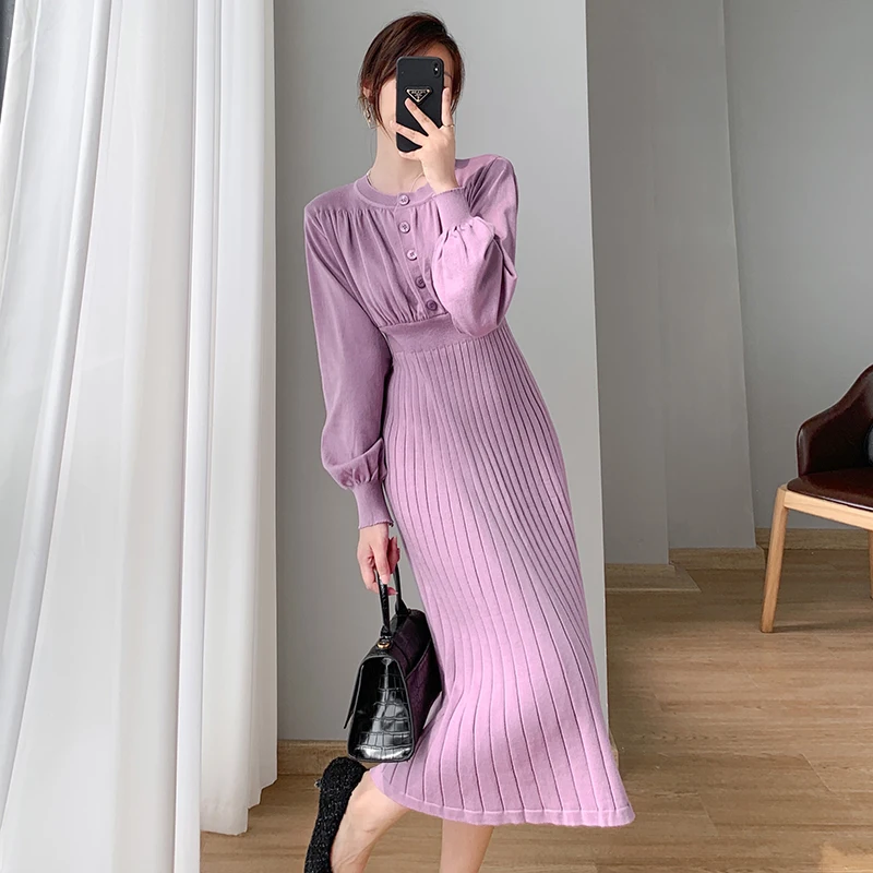 

DIMI Knitted Dress Elegant French Sweater Dress Winter Clothes Maxi Dresses for Women Party Office Lady Lantern Sleeve O-Neck
