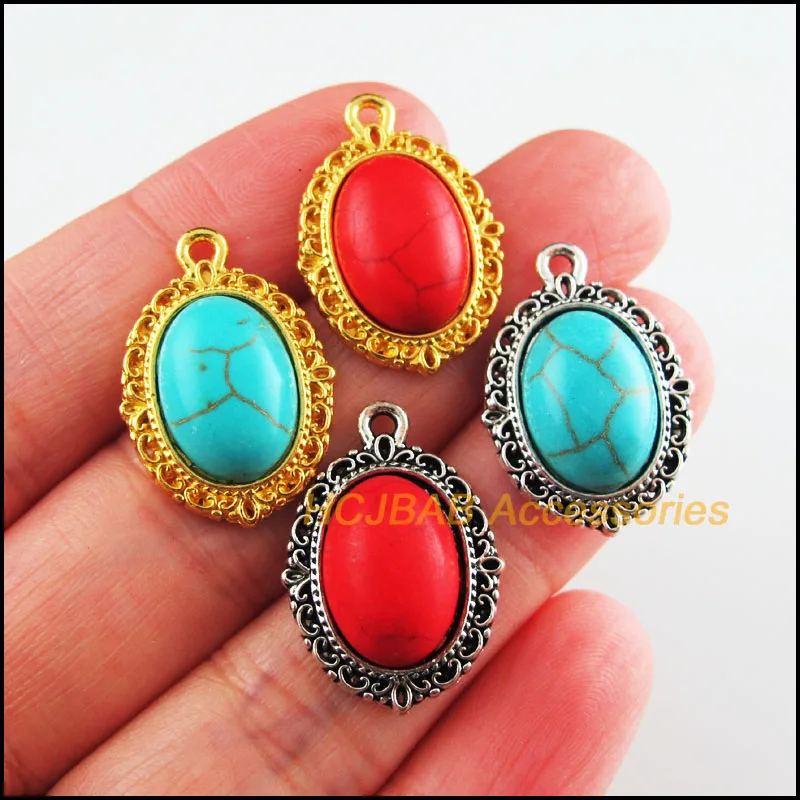 12 новых овальных подвесок тибетский серебряный и золотой цвет красный и синий камень цветок Подвески 16x23 мм