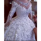 Роскошные свадебные платья с кристаллами 2022, Пышные свадебные платья с длинными рукавами и бусинами, свадебные платья с 3D цветами, кружевные свадебные платья, Robe De Mariee