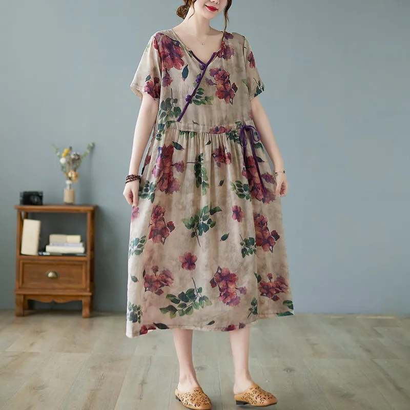 

Женское хлопковое льняное Повседневное платье, винтажное свободное Элегантное Длинное Платье-трапеция с V-образным вырезом и цветочным при...