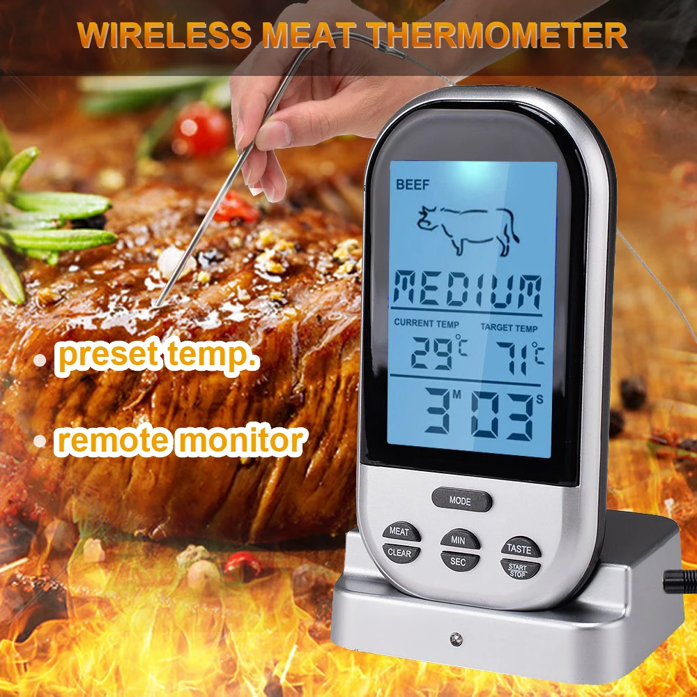 

Digital Meat Thermometer Wireless Remote Food Thermometer for Meat Fish Timer Waterproof Smoker BBQ Thermometer for Cooking