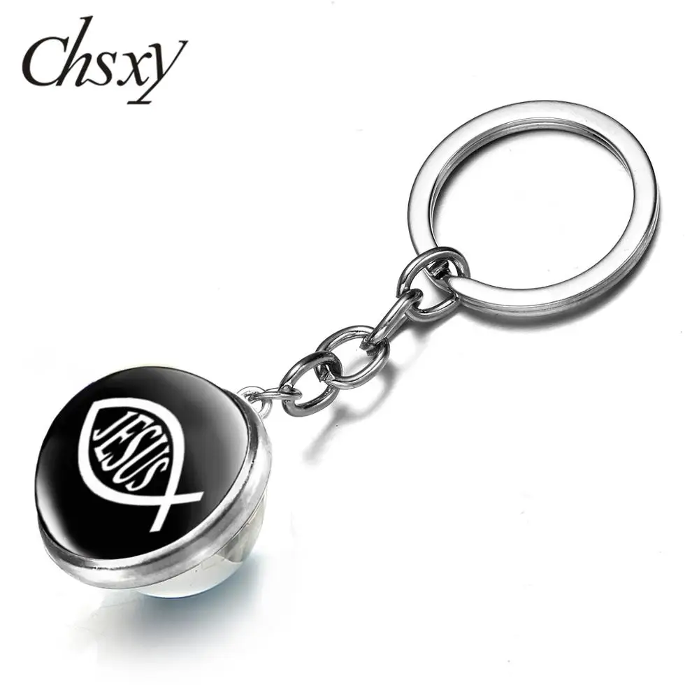 

CHSXY Christian Jesus Fish Symbol Key Chain I Love Jesus Quote 3D Print Double Sided Glass Ball Pendant Metal Keychain Religious