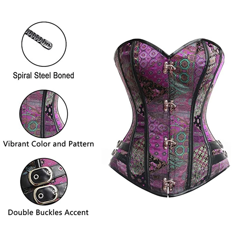 

SLADUO New Big Size Women's Steampunk Gothic Brocade Steel Corset With Buckle