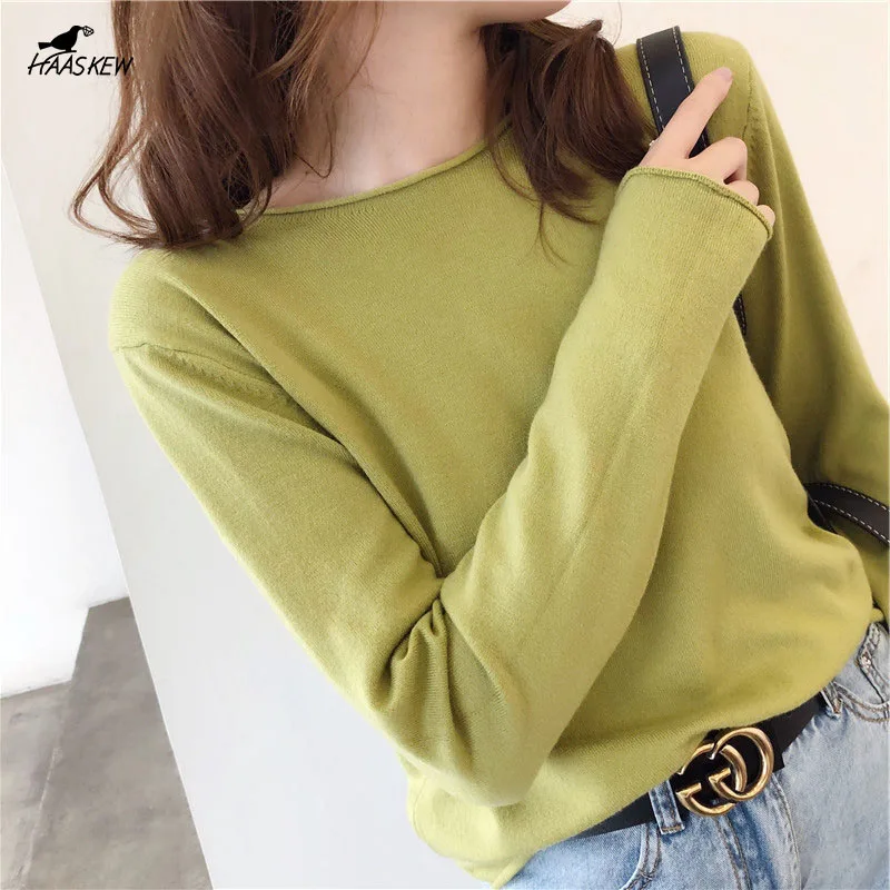 

HAASKEW Spring and Autumn Loose Sweater Pullover Women's Sweater Casual Round Neck Long Sleeve Pure Color Knitted Thin Sweater