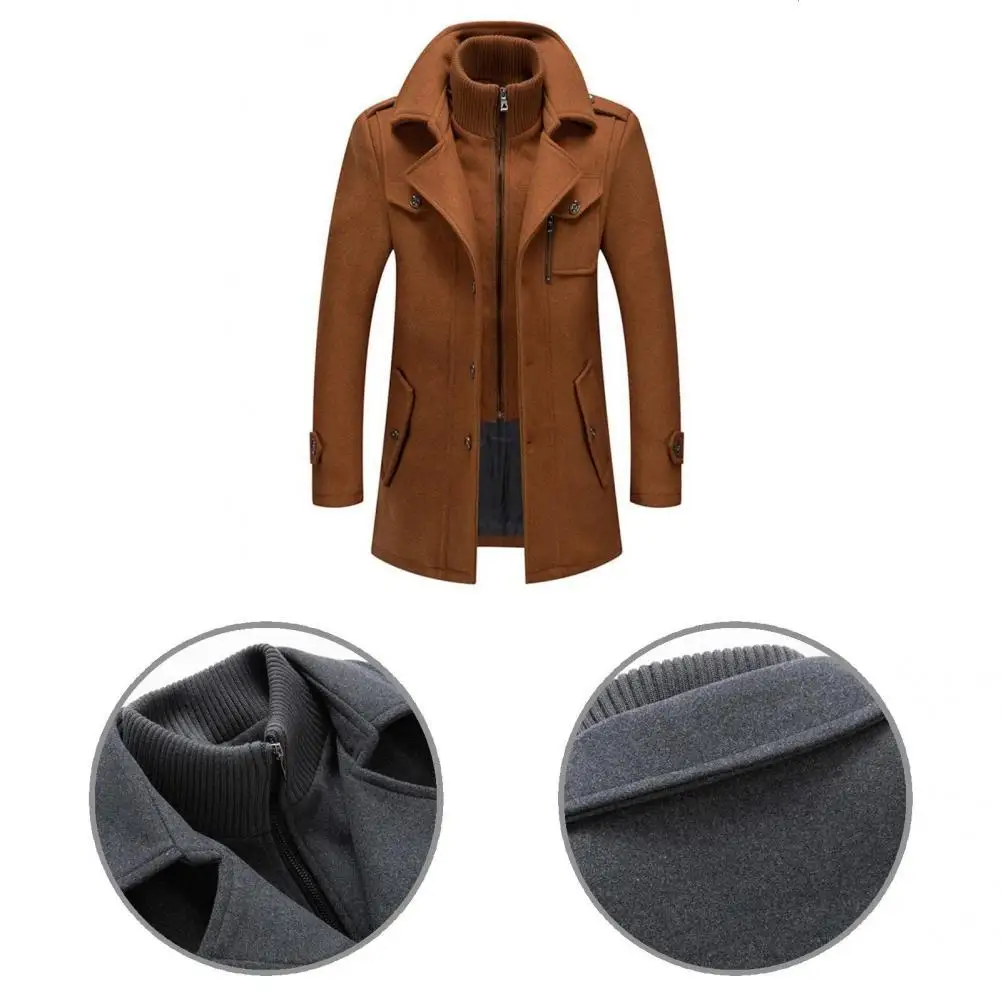 

Stylish Coat Double Collar Temperament Men Jacket Mid Length Pure Color Jacket