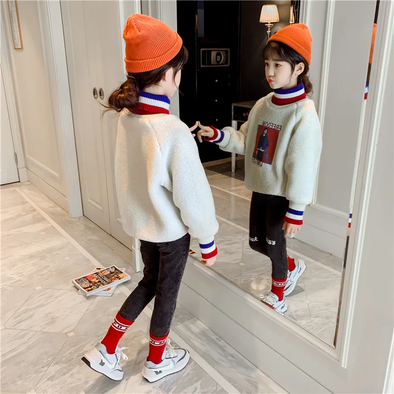 

Fashion Knitting Winter Warm Clothes Girls Sweater Kids Plus Velvet Toddler Teens Tops Thicken Children Cute Letter High Quality