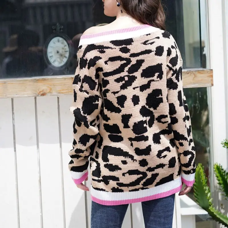 Женский свободный трикотажный пуловер с леопардовым принтом | Женская одежда