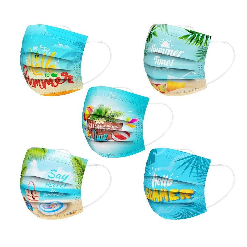 

100/300Pcs Fashion Adult Mask 3-Layer Non-Woven Protection Cool Summer Beach Print Face Shield Mask Mascarillas Ninos Masque