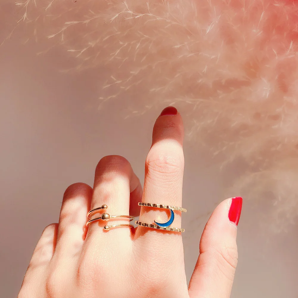 S925 стерлингового серебра Луна Кольцо Простой Личность позолоченные 18К Золотое