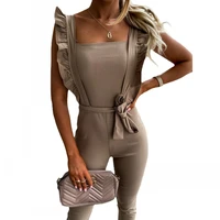 2021 summer new womens casual sexy fashion backless square collar slim flounce belt sleeveless jumpsuit
