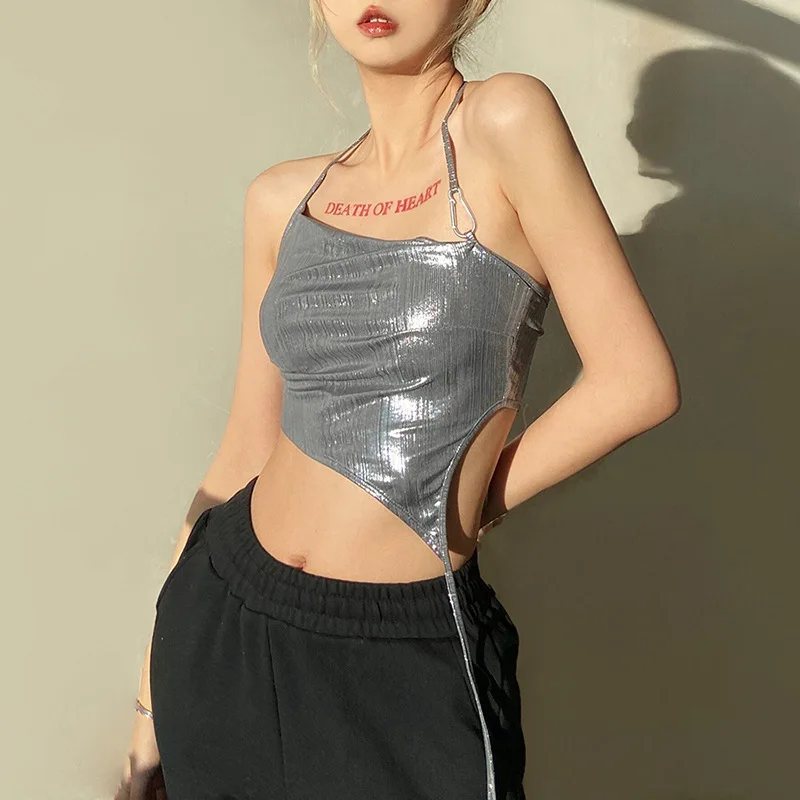 

Sexy Tank Tops Off Shoulder Backless Bandage Street Silver Slim Fashion Irregular Strap Halter Vest Female Casual Tees Mujer