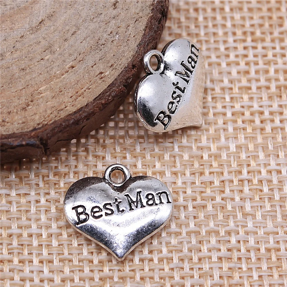 

WYSIWYG 10pcs 14x15mm Best Man Heart Pendant Charms Antique Silver Color For Jewelry Making Zinc Alloy Jewelry Findings