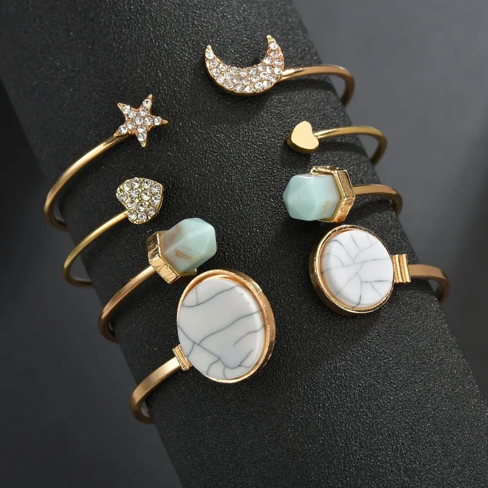 Bohemian Gold Color Moon Leaf Crystal Opal Open Bracelet Set for Women Punk Boho Beach Shell Acrylic Round Bangle Jewelry Gift | Украшения
