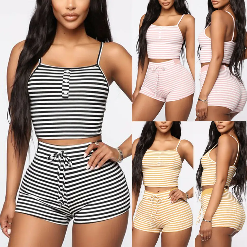 

Women Sexy Sleeveless Stripe Crop Top Shorts Set Night Wear Homewear 2pcs Set Striped Slim Pajama Set Sleepwear