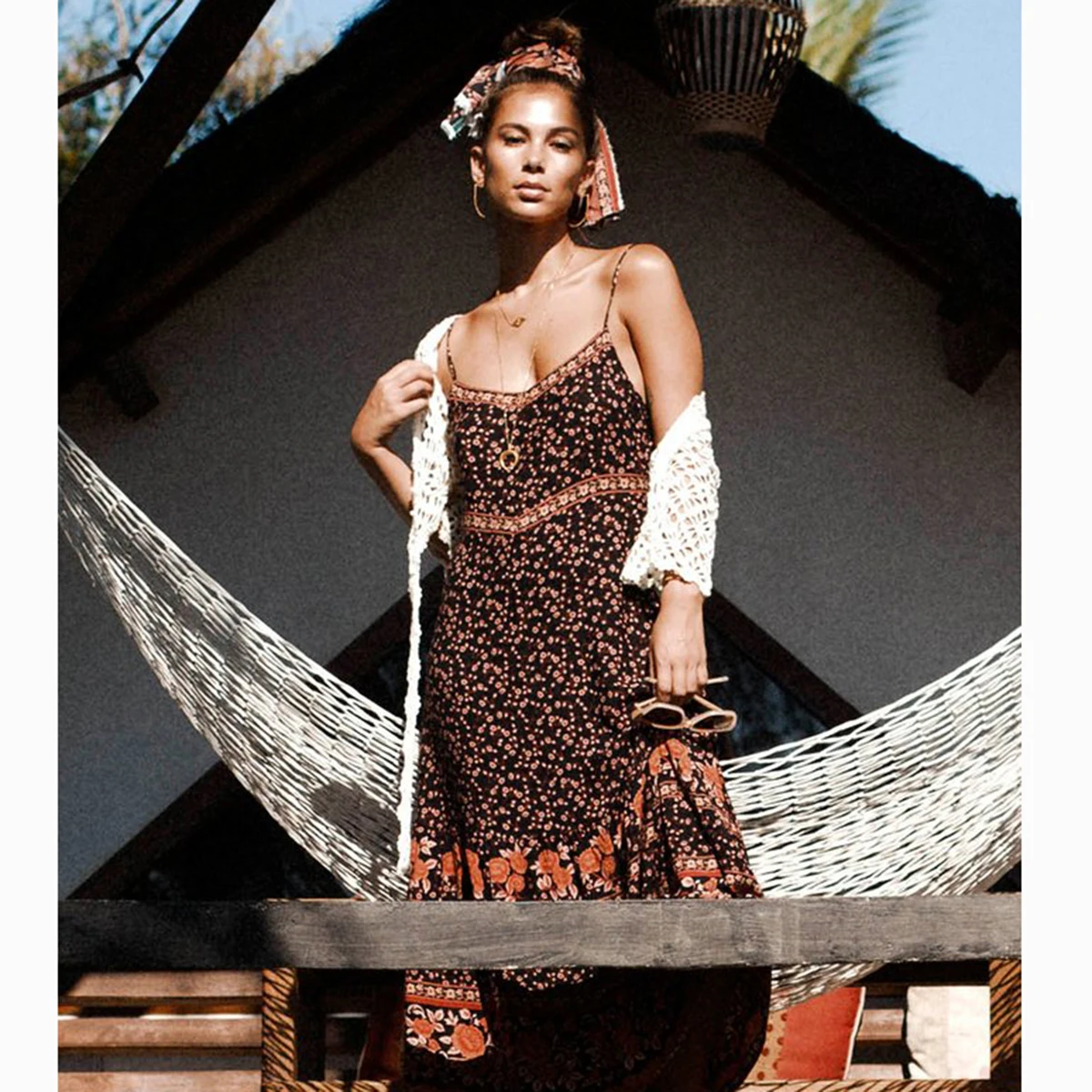 Женское длинное платье без рукавов с цветочным принтом богемное пляжное