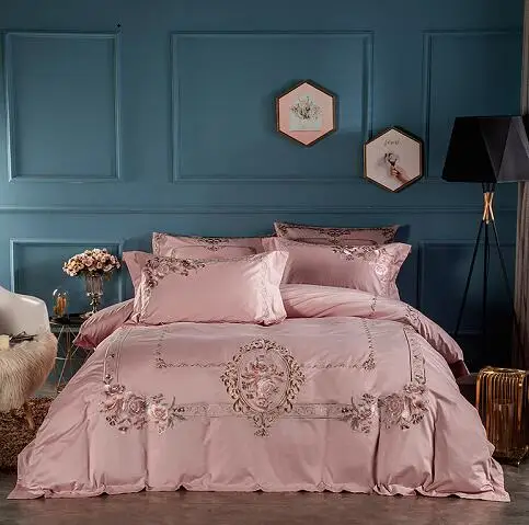 bedding set 3 Египетский хлопок, роскошный комплект постельного белья King queen, набор пододеяльников с вышивкой, классический синий розовый комплект постельного белья, Комплект постельного белья - Цвет: bedding set 3