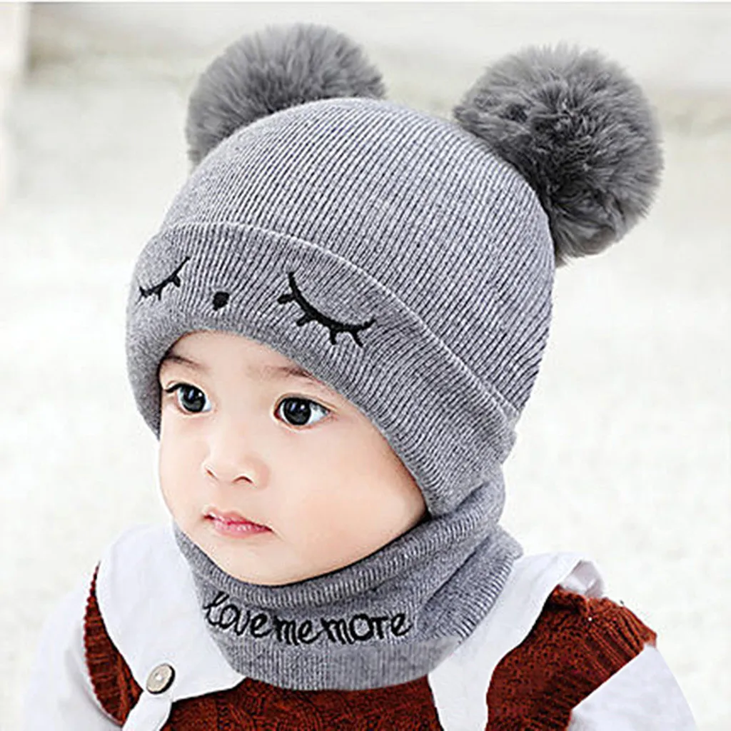 Cute Eyelash Caps For Newborn Kids Baby Boy Girl Pom Hat Winter Warm Knit Bobble Beanie Cap Scarf Set Drop Shipping