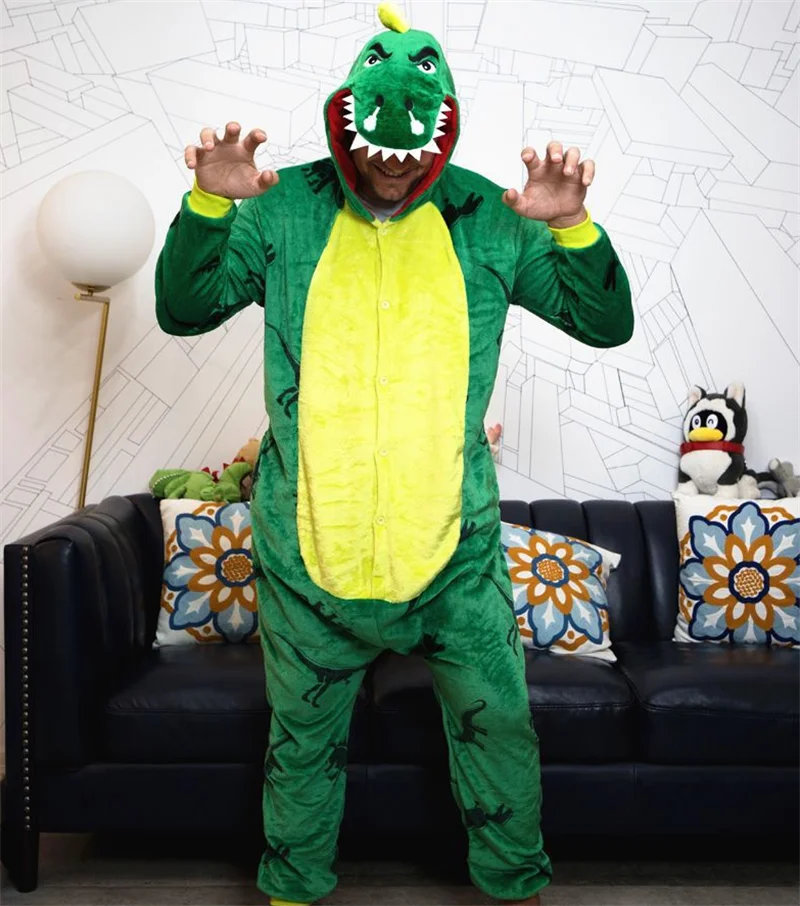 Kigurumi Adult Pyjamas Cosplay Costume Green Dinosaur Onesies Sleepwear Homewear Unisex Pajamas Party Clothing pijama masculino
