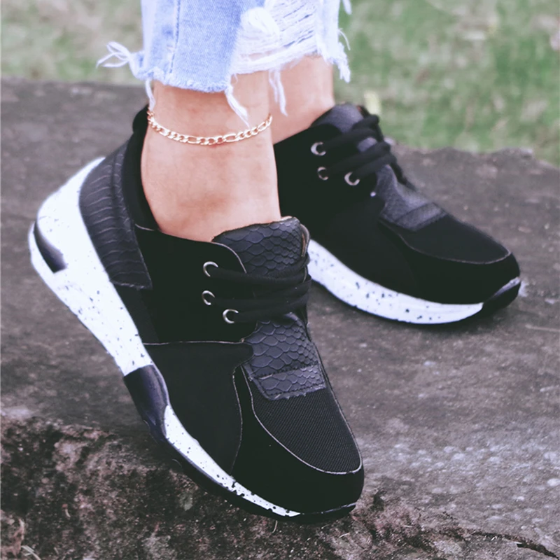 

Autumn Ladies Sneakers Leopard Patchwork PU Thick Bottom Female Breathable Lace Up Feminino Casual Shoes